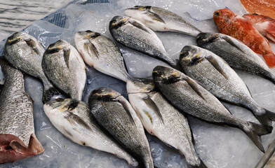 Fish market scene with  fish fillets, heads, knives at the Livramento market in Setubal, Portugal