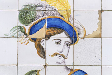 Azulejos, decorative tile pattern with a historical figure in Setubal, Portugal