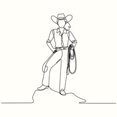 Dynamic continuous line art illustration of a confident cowgirl wearing a hat and holding a lasso, symbolizing strength, independence, and western spirit in a minimalist style