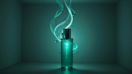 Turquoise perfume bottle with swirling liquid on a matching background