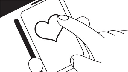 Hand touching heart icon on smartphone screen line illustration for social media app design isolated on white background