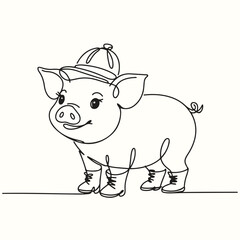 Adorable little piglet character wearing a stylish hat and boots, rendered in a whimsical single continuous line art style, ideal for children's designs or farm animal themed projects