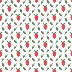 Trendy seamless pattern with large, flat colored vector strawberries and crossing leaves. Ideal for summer textile, vibrant food packaging, wrapping paper, and lively surface design