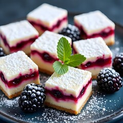 berry vanilla cream squares (Beeren-Vanille-Creme-Quadrate ohne Backen) arranged beautifully on a dark blue plate