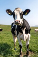 Graceful Holstein Cow Grazing Peacefully in Lush Green Pastures Under a Bright Blue Sky Today