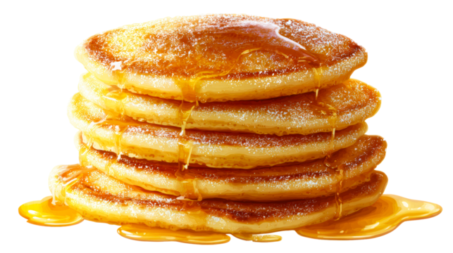 Stack of golden pancakes with pouring syrup and powdered sugar