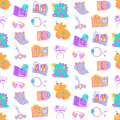 Seamless pattern with K-pop items. Album with disk, souvenir products, soft toy, cap, glasses, keychain. Korean music industry. Colorful flat texture children's products, textiles, packaging, design.