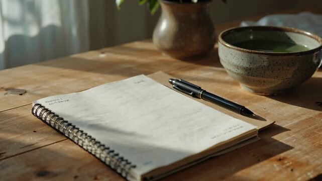 Notebook, Pen, and Tea Cozy Workspace Still Life, Writing, Journaling