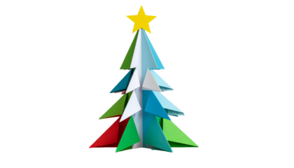 Abstract green paper origami Christmas tree vector design for a holiday greeting card isolated on white background.