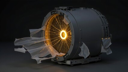 Futuristic engine with yellow energy core and broken shell on dark background