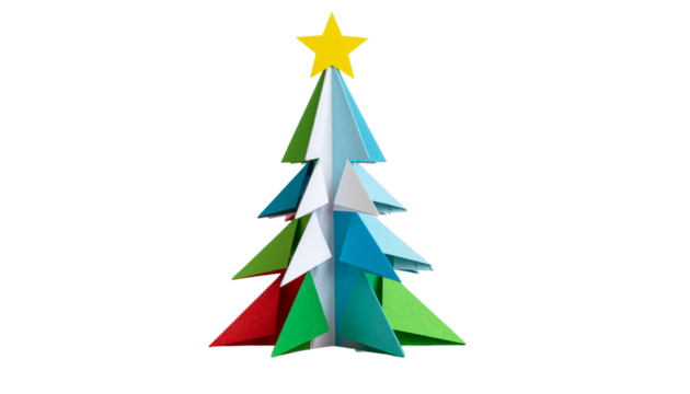 Abstract green paper origami Christmas tree vector design for a holiday greeting card isolated on white background.