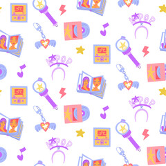 Seamless pattern with K-pop items. Light stick, keychain, bezel, record, player. Korea's music industry. Colorful flat texture for souvenirs, backgrounds, textiles, packaging, and design.