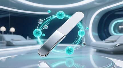 Futuristic nail file with selfsanitizing technology and glowing particles
