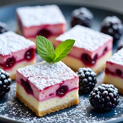 berry vanilla cream squares (Beeren-Vanille-Creme-Quadrate ohne Backen) arranged beautifully on a dark blue plate