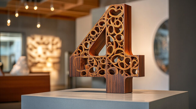 Number 4 Sculpture with Circular Design. Decorative number 4 sculpture featuring circular cutouts, ideal for modern interior decor or branding displays.