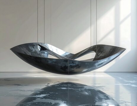 Metallic abstract sculpture floats serenely within a minimal, light-filled space