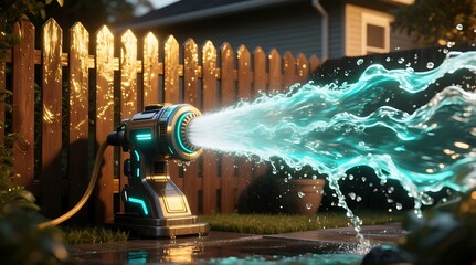 Futuristic water cannon spraying water in a backyard at dusk