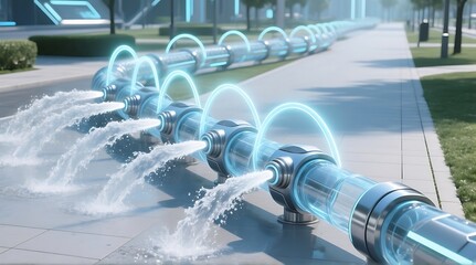 Futuristic pipeline with glowing blue accents conveying water distribution