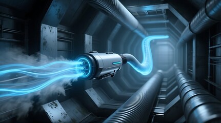 Futuristic tunnel with a device emitting a stream of glowing energy