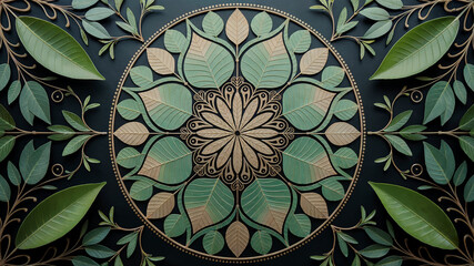 floral pattern with green and gold details in artistic symmetry