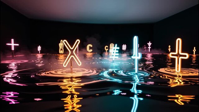 Futuristic Symbols Reflected in Dark Water