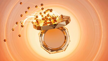 Golden powder box with flying beads for beauty product presentation, mockup
