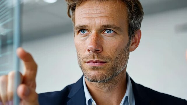 Interactive touch interface technology demonstrated by focused professional in office setting