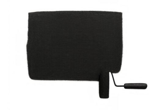 Paint roller creating a black paint stroke, covering a section for renovation or creative art on transparent background