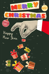 Christmas and New Year vintage poster. Hand of Santa Claus Gives gift boxes