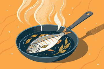 Fish sizzling in hot oil in a clean pan.