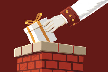 Santa's hand lowers a gift down a chimney.