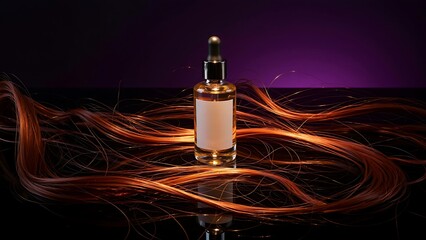 Hair oil bottle with golden hair strand and beads, product presentation