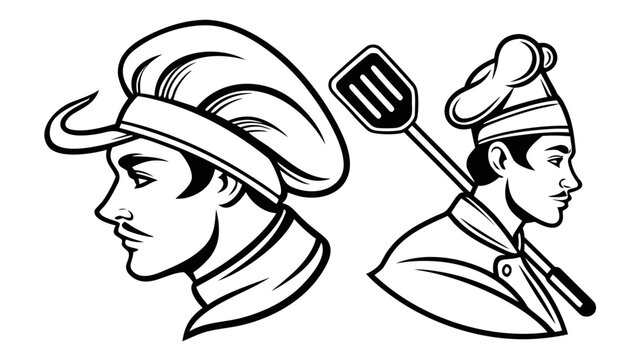 Two chefs in profile, one holding a spatula, representing culinary expertise and kitchen mastery for your restaurant branding needs