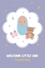 Welcome Little One Sweetest Baby Poster, Newborn Boy with Teddy Bear and Bottles, Baby Shower Greeting Card Template