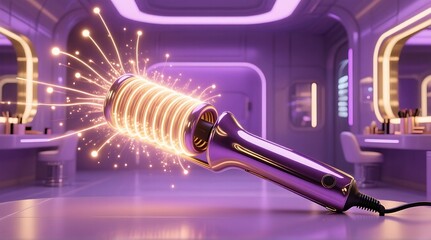 Illuminated hair styling tool in a futuristic beauty salon, glowing and sparkling