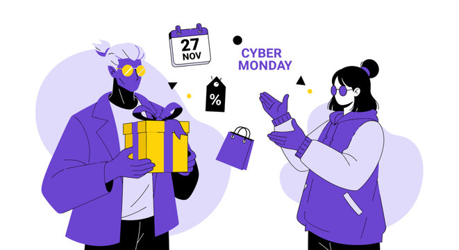 Digital illustration of people celebrating cyber monday sales event with gifts