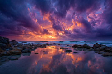 Obraz premium Dramatic Sunset Sky Reflected on Rocky Beach