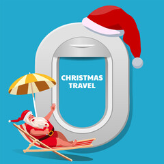 Banner Christmas travel resort airplane window with Santa Claus on the beach deck chair