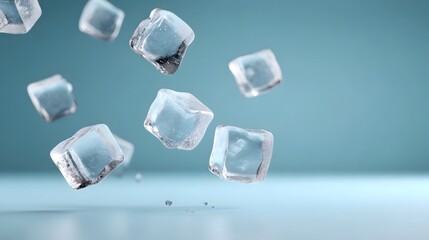 Several transparent ice cubes are frozen and floating in mid air against a soft blue background