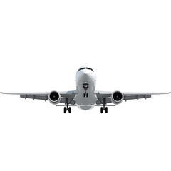 Obraz premium A realistic 3D rendering depicts a large commercial passenger airplane in flight with extended landing gear and visible engines beneath the wings, set against a white background.