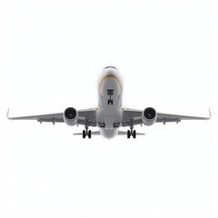 A realistic 3D rendering depicts a large commercial passenger airplane in flight with extended landing gear and visible engines beneath the wings, set against a white background.
