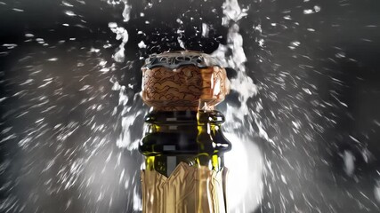 Closeup of a champagne bottle cork popping with celebratory fizz and sparkling liquid droplets flying through the air symbolizing celebration and joy. - Powered by Adobe