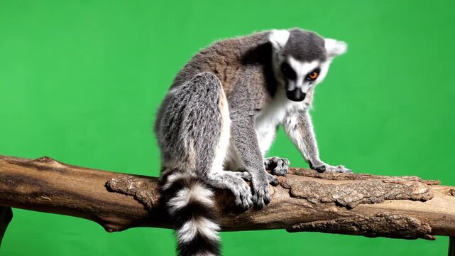 Realistic ring tailed lemur sitting on a wooden branch with green chroma background in 4K studio lighting perfect for animal compositing and wildlife editing scenes