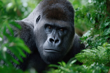 Fototapeta premium Majestic gorilla gazing through lush foliage in a rainforest habitat