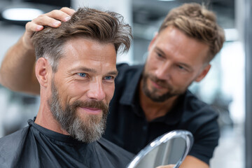 Barber gives stylish haircut to man in modern salon during daylight hours