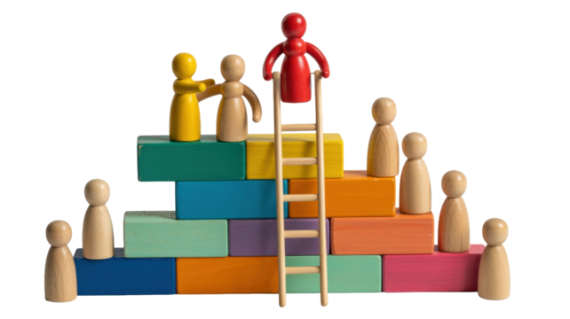 Colorful Wooden Block Pyramid with Tiny Peg Figurines