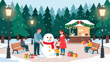 Christmas Plaza Snowman with Family at Hot Cocoa Stand — Festive Winter Vector