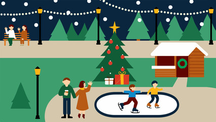 Naklejka premium Christmas Park Rink Night with Kids Skating by Tree and Chalet