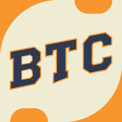 BTC Cryptocurrency Graphic: Bold typography of BTC symbolizing Bitcoin on a vibrant orange background, representing the digital currency revolution and the dynamic future of finance.