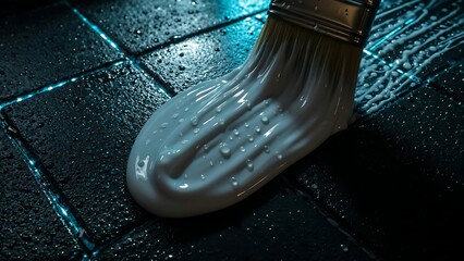 Closeup of a paintbrush with white paint on a dark tile surface
